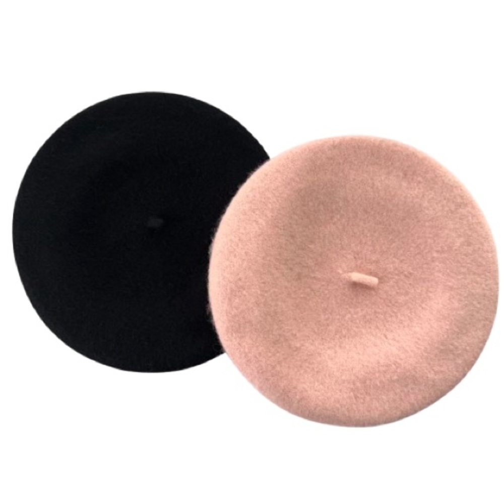 Set of Two Black and Baby Pink Wool Blend Parisian French Beret Hats Fall Winter